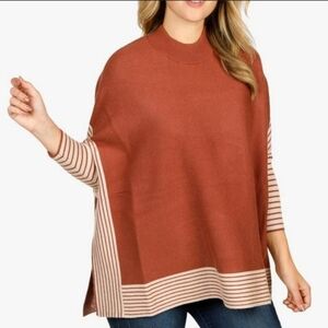 NEW ENTRO Marsala Striped Mock Neck Poncho Plus Size 1X/2X Rust Soft & Comfy